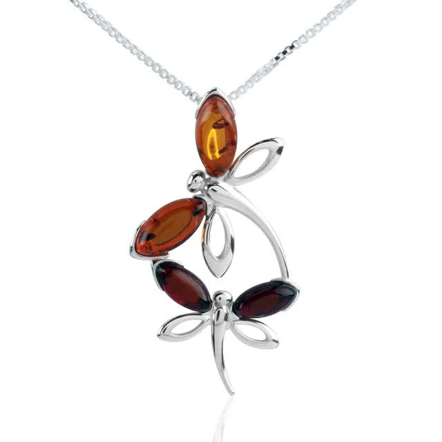 Double Dragonfly Honey and Cognac Baltic Amber Pendant - 37mm drop 
