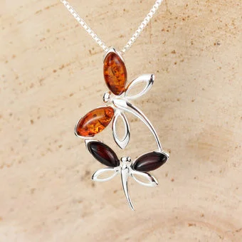 Honey and Cherry Baltic Amber Dragonfly Sterling Silver Pendant