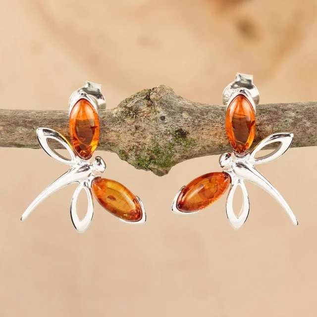 Honey Baltic Amber Dragonfly Sterling Silver Stud Earrings