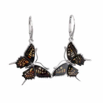 Baltic Amber Butterfly Hand Engraved Earrings