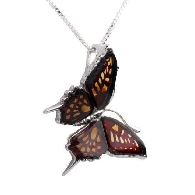 Amber Butterfly Pendant Hand Engraved - Rhodium Finish