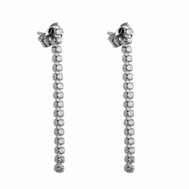 Sterling Silver Drop Earrings - Long 16 Row Simulated Diamond Drop Earrings