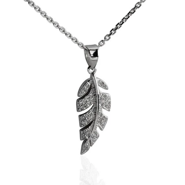 Silver Leaf Cubic Zirconia Pendant - Rhodium Plated for a White Gold Look Finish