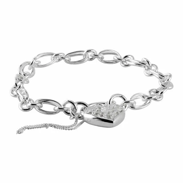 Padlock Double Link Silver Charm Bracelet - Ornate Flower Design Padlock measures 22mm x 16mm