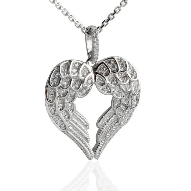 Double Angel Wing CZ Pendant - Rhodium Plated