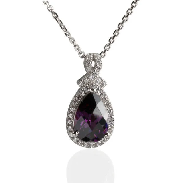 Purple Pearcut CZ Bow Pendant and Chain - Sumptuous purple pear shaped cubic zirconia pendant