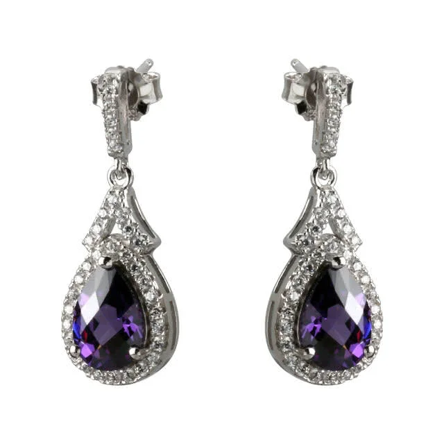 Purple Pear Shaped Silver Drop Earrings - Rhodium finished for a white gold platinum look