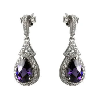 Purple Pear Shaped Silver Drop Earrings