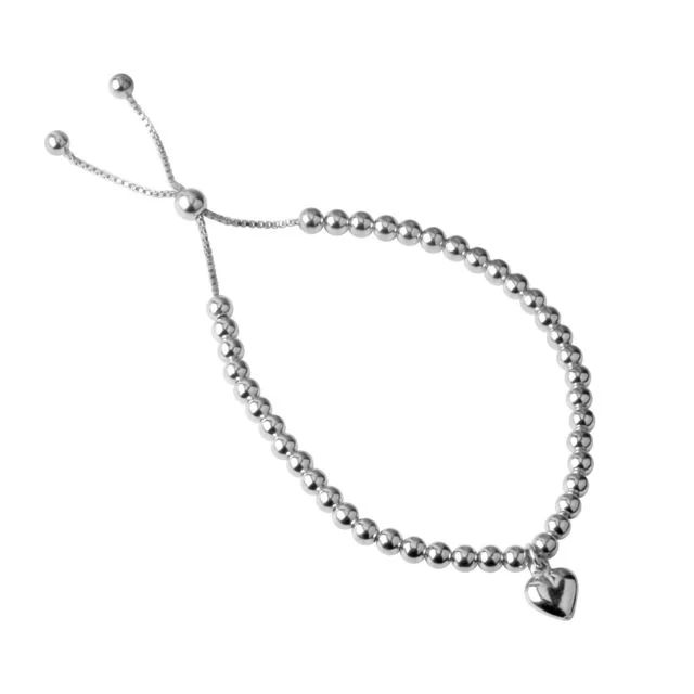 Sterling Silver Bead Slider Bracelet with 10mm Heart Charm