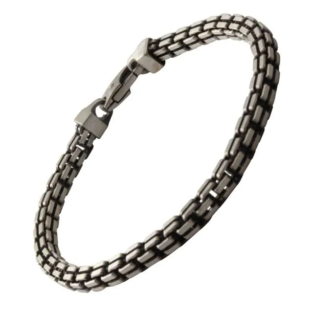 Men's 4.80mm Silver Split Box Silver Bracelet - Satin brushed finish with oxidised detailing