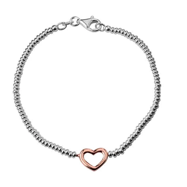 Silver Bead Bracelet with Rose Gold Plated Heart - 7.5 inches  / 19cm