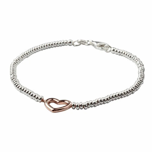 Silver Bead Bracelet  finished with a little rose gold plated sterling silver heart 