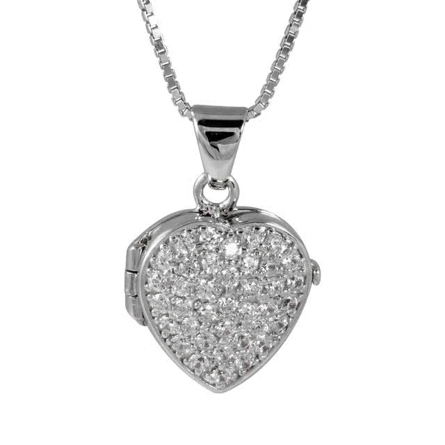 Silver Cubic Zirconia Heart Shaped Locket - Two photographs fit in this locket