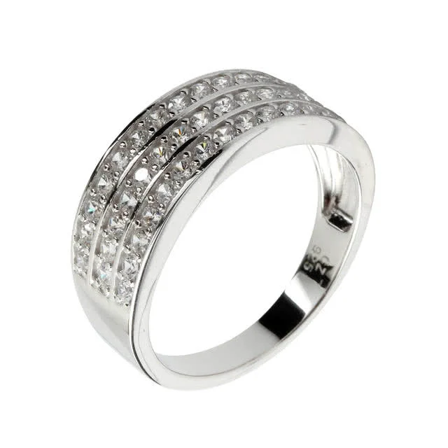 Three Row Channel Set Silver Ring Channel set with three rows of sparkling simulated diamonds