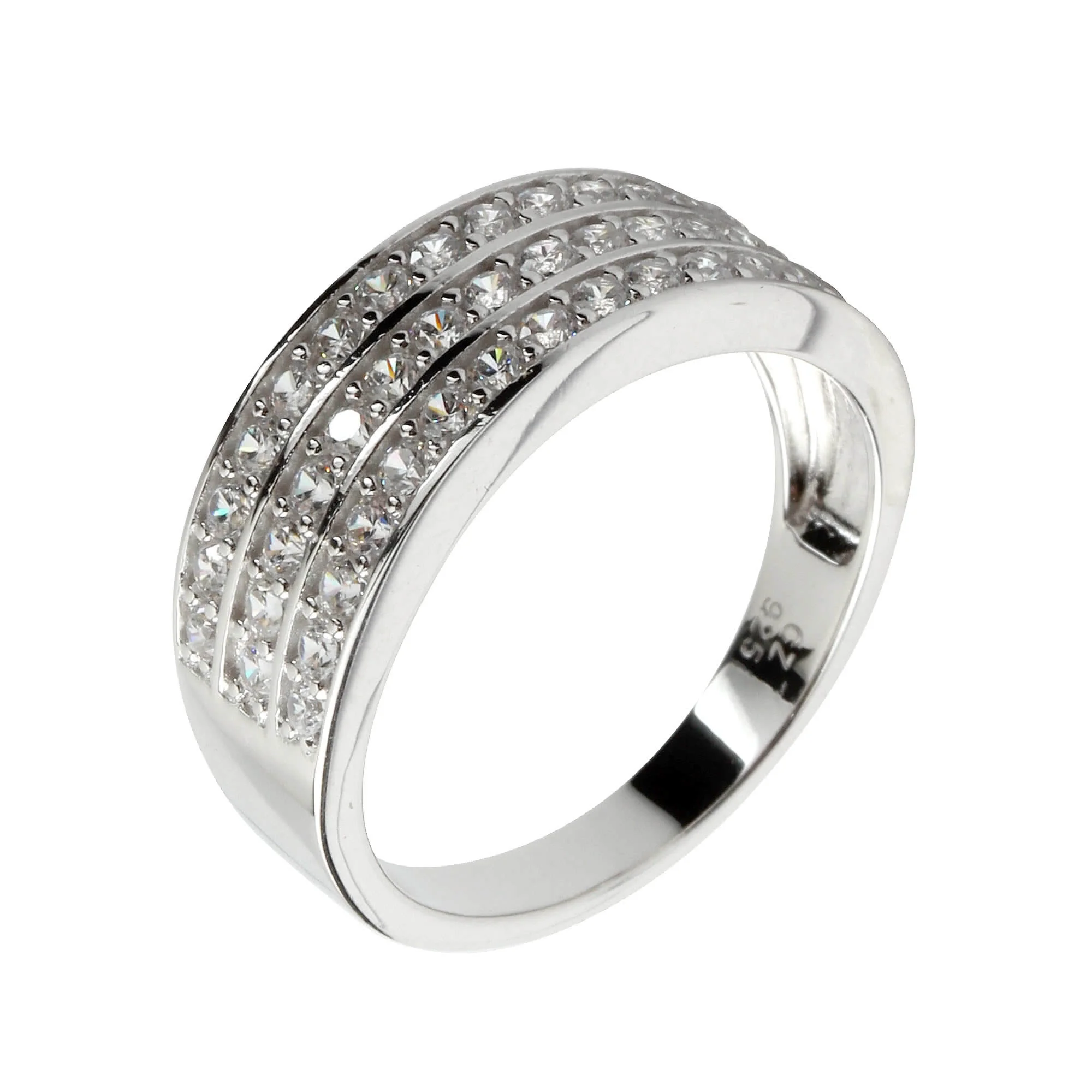 Triple Channel Set CZ Sterling Silver Ring - Rhodium Plated