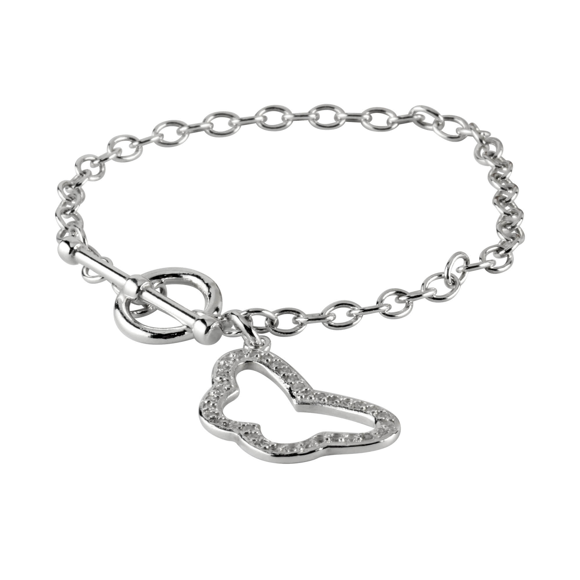 CZ Butterfly Silver T Bar Bracelet