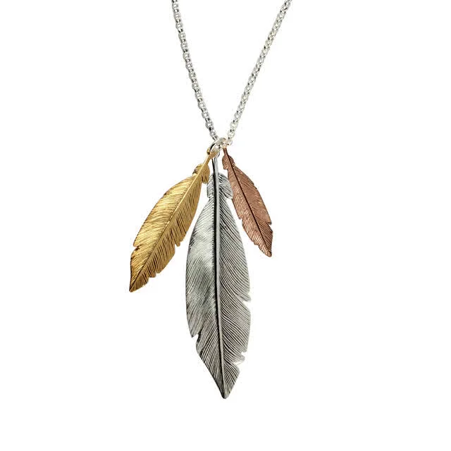 Triple Coloured Sterling Silver Feather Necklace