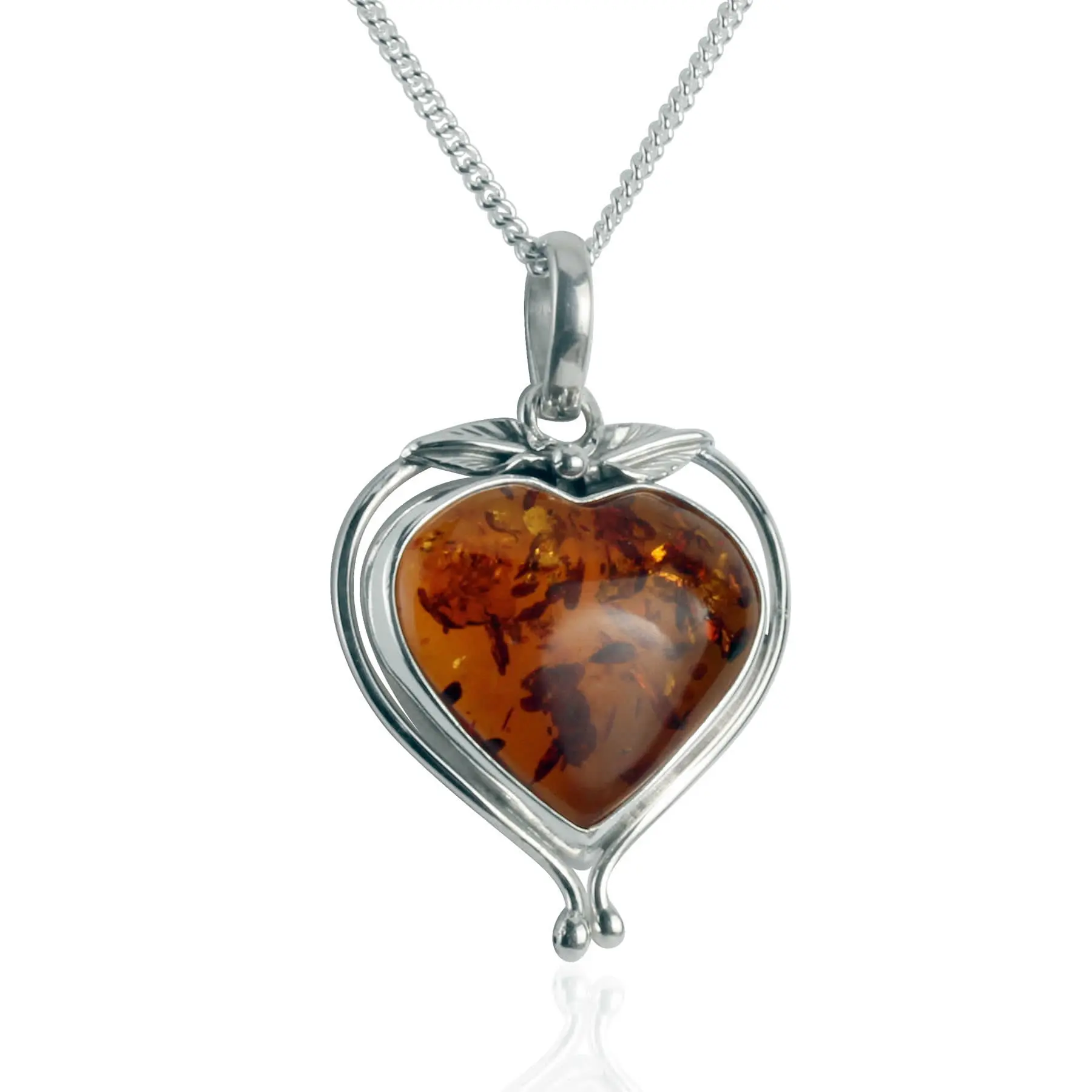 Amber Heart Pendant with Leaf Design
