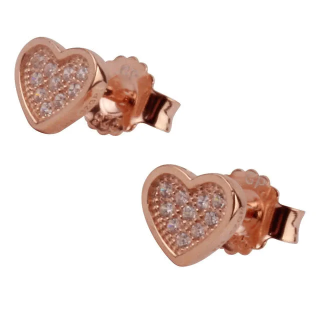 Rose Gold Sterling Silver Micro Set Heart Stud Earrings