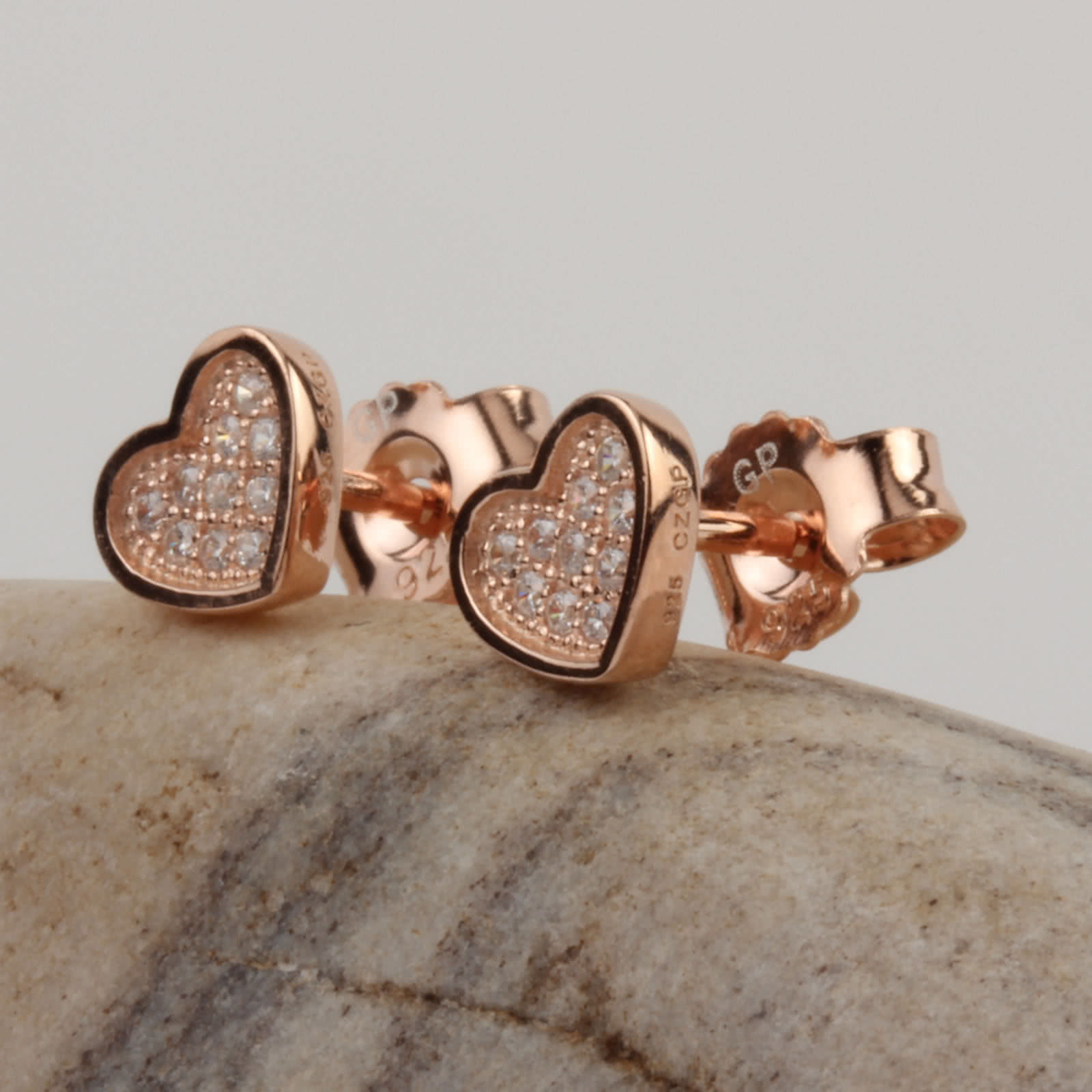 Small Heart Shaped Sterling Silver Rose Gold Plated Studs Micro Set