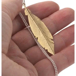 Large Sterling Silver Feather Pendant - Gold Plated - 60mm x 15mm