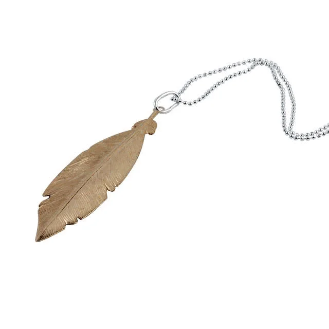 Sterling Silver Gold Plated Long Feather Necklace