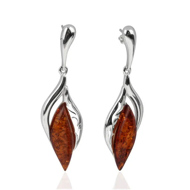 Flame Design Cognac Baltic Amber Drop Earrings