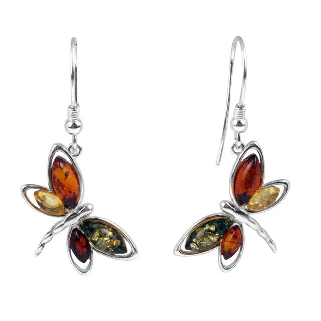 Multi Coloured Baltic Amber Dragonfly Earrings