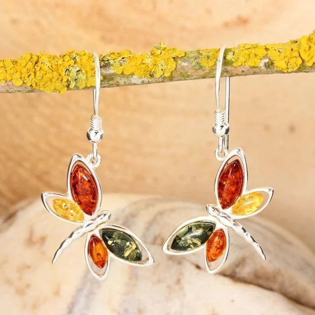 Sterling Silver Dragonfly Multicoloured Baltic Amber Drop Earrings