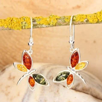 Multi Coloured Baltic Amber Dragonfly Earrings