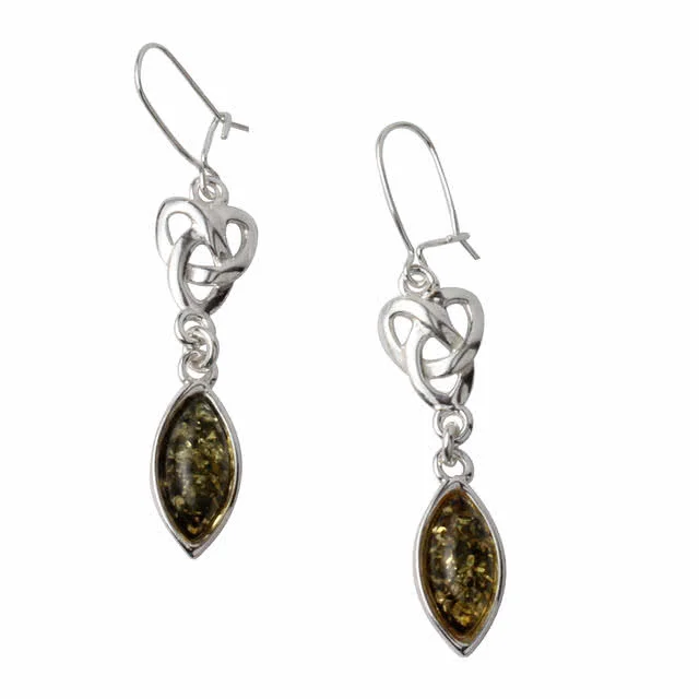 Long Green Baltic Amber Sterling Silver Drop Earrings