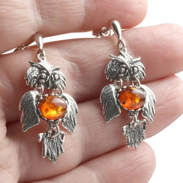Sterling Silver Owl Earrings with Amber