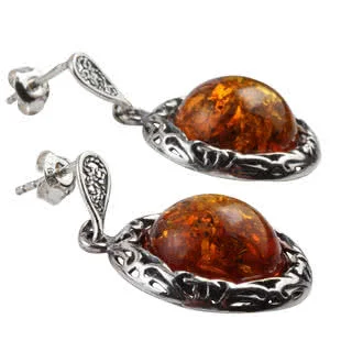 Sterling Silver Baltic Amber Round Drop Earrings