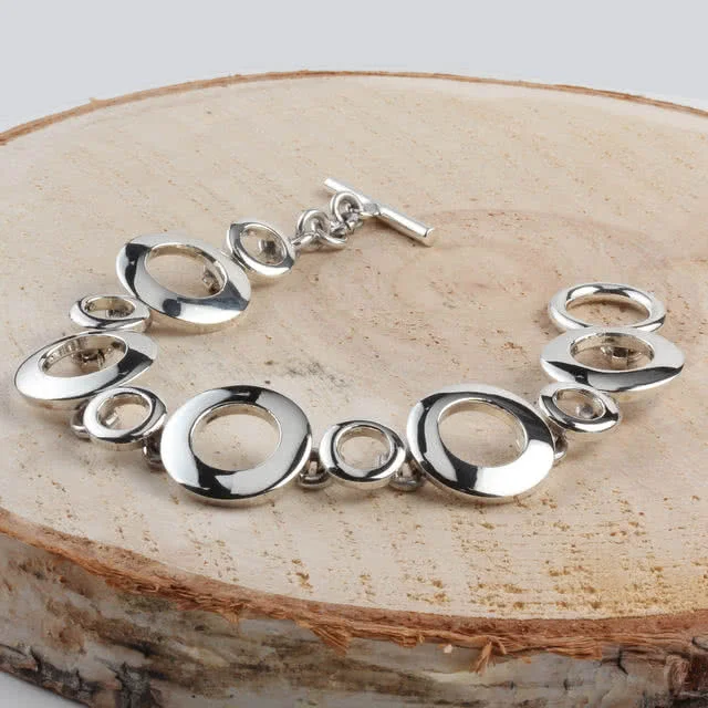 Silver Circles T-Bar Fastening Bracelet - Highly polished finish