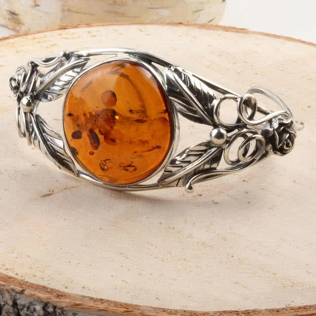 Large Honey Baltic Amber Sterling Silver Bangle