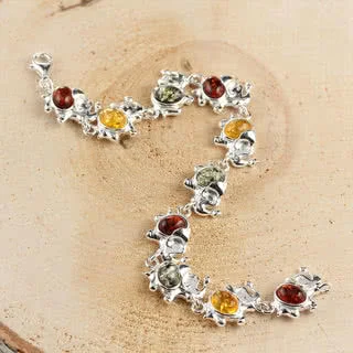 Baltic Amber Set Elephants Sterling Silver Bracelet