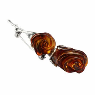 Large Hand Carved Double Amber Rose Brooch