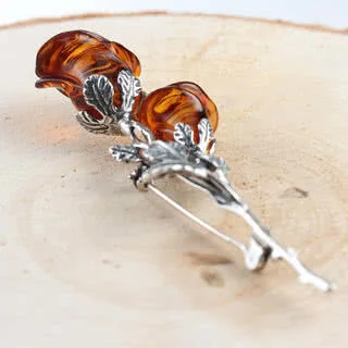 Sterling Silver Cognac Baltic Amber Rose Brooch