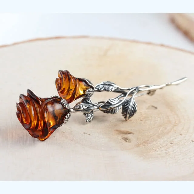 Double Baltic Amber Rose Brooch