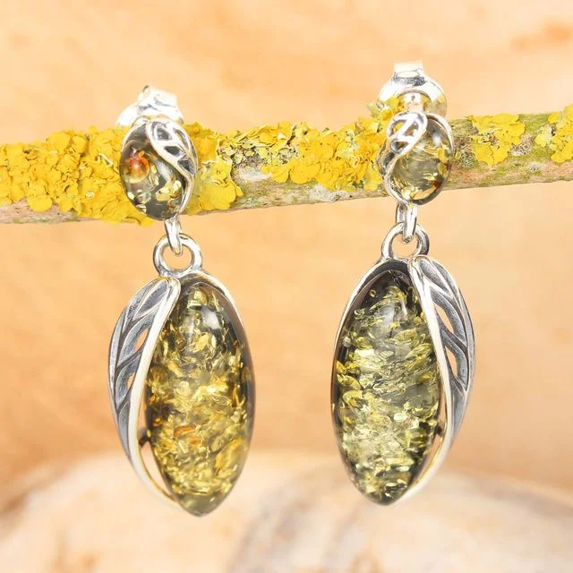 Green Baltic Amber Sterling Silver Leaf Edged Drop Earrings