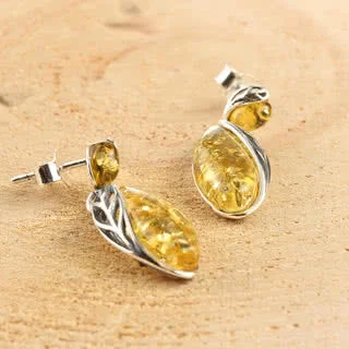 Oxidised Sterling Silver Lemon Amber Earrings