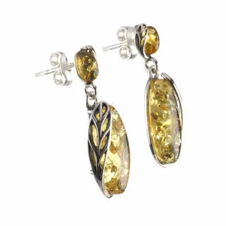 Sterling Silver Lemon Baltic Amber Leaf Earrings