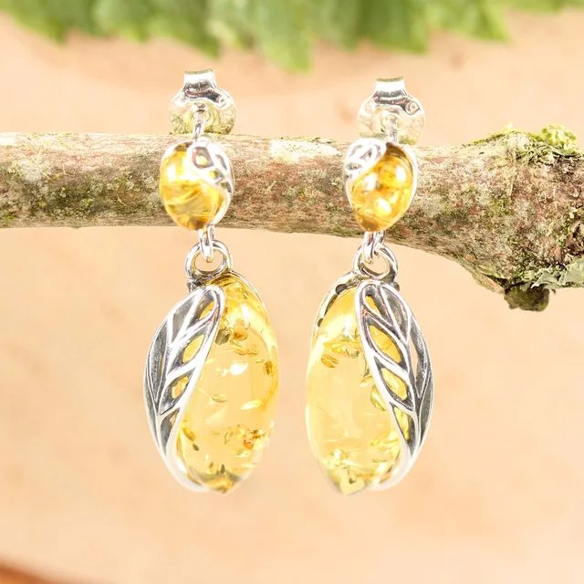 Lemon Baltic Amber Sterling Silver Leaf Drop Earrings