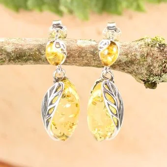 Lemon Baltic Amber Leaf Edged Sterling Silver Earrings