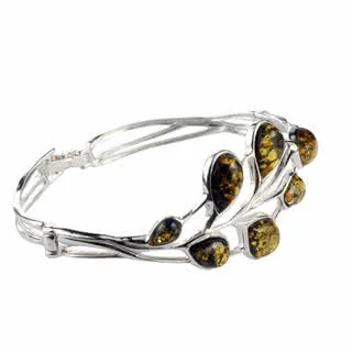 Green Baltic Amber Sterling Silver Leaf Bangle