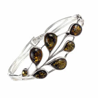 Sterling Silver Bangle Set With Green Baltic Amber