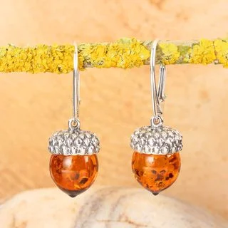 Honey Baltic Amber Sterling Silver Acorn Drop Earrings