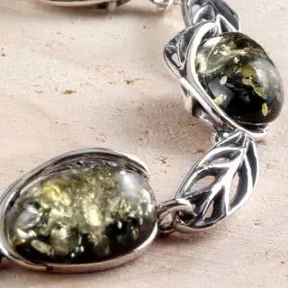 Gorgeous Green Amber Bracelet set in a Silver Leaf Design