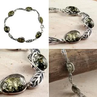 Baltic Green Amber Bracelet - Sterling Silver Leaf Design creates a stunning nature leaf theme
