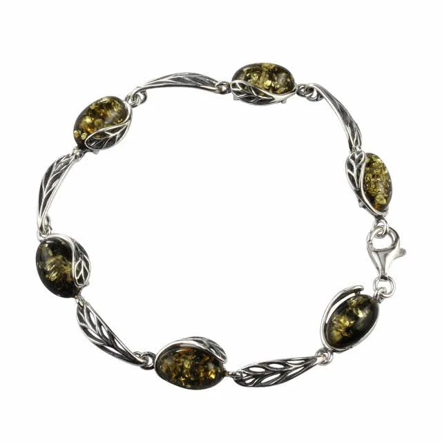 Amber Bracelet - Silver Leaf design with Green Amber